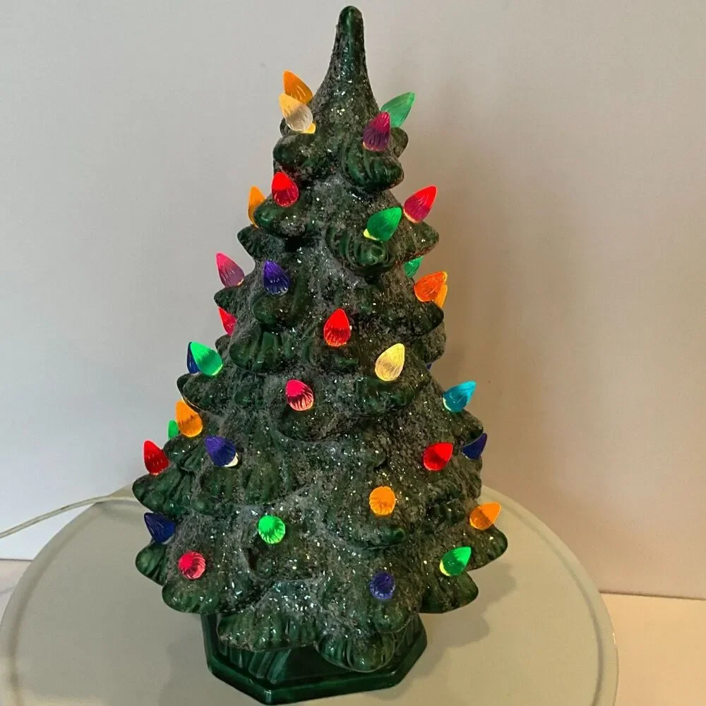 Vintage lighted ceramic Christmas tree; glitter snow Holland Mold Table top tree